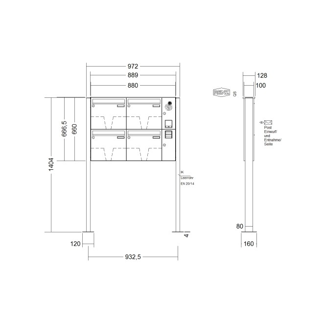 Briefkastenanlage freistehend Renz Basic 1-6 fach, Sprech - Klingel: mit Sprech Klingel, Montageart: zum Aufschrauben, Kastengröße: 370 x 330 x 100mm ( 12 Liter ), Teilnehmer: 4 Teilnehmer, Anlagenfarbe: Standard Farben