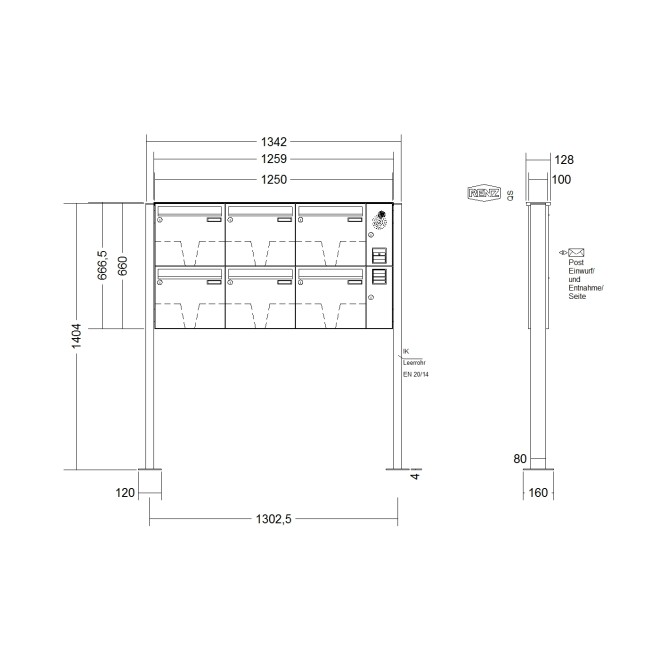 Briefkastenanlage freistehend Renz Basic 1-6 fach, Sprech - Klingel: mit Sprech Klingel, Montageart: zum Aufschrauben, Kastengröße: 370 x 330 x 100mm ( 12 Liter ), Teilnehmer: 6 Teilnehmer, Anlagenfarbe: Standard Farben