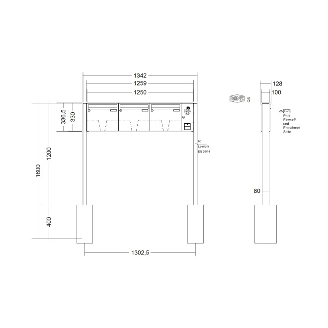 Briefkastenanlage freistehend Renz Basic 1-6 fach, Sprech - Klingel: mit Sprech Klingel, Montageart: zum Einbetonieren, Kastengröße: 370 x 330 x 100mm ( 12 Liter ), Teilnehmer: 3 Teilnehmer, Anlagenfarbe: Standard Farben