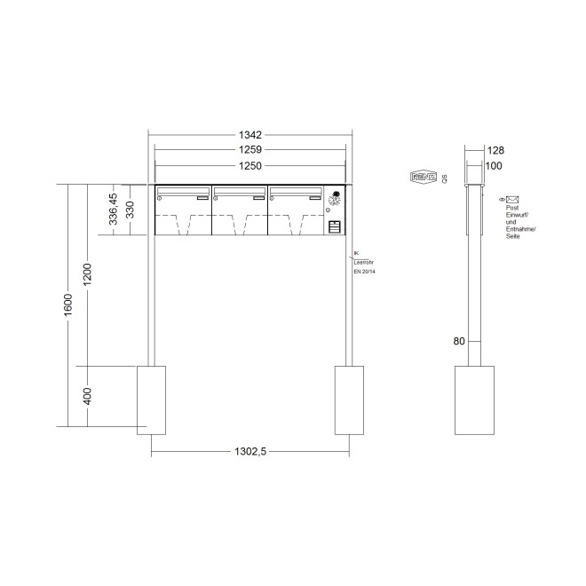 Briefkastenanlage freistehend Renz Basic 1-6 fach, Sprech - Klingel: mit Sprech Klingel, Montageart: zum Einbetonieren, Kastengröße: 370 x 330 x 100mm ( 12 Liter ), Teilnehmer: 3 Teilnehmer, Anlagenfarbe: Edelstahl V4A