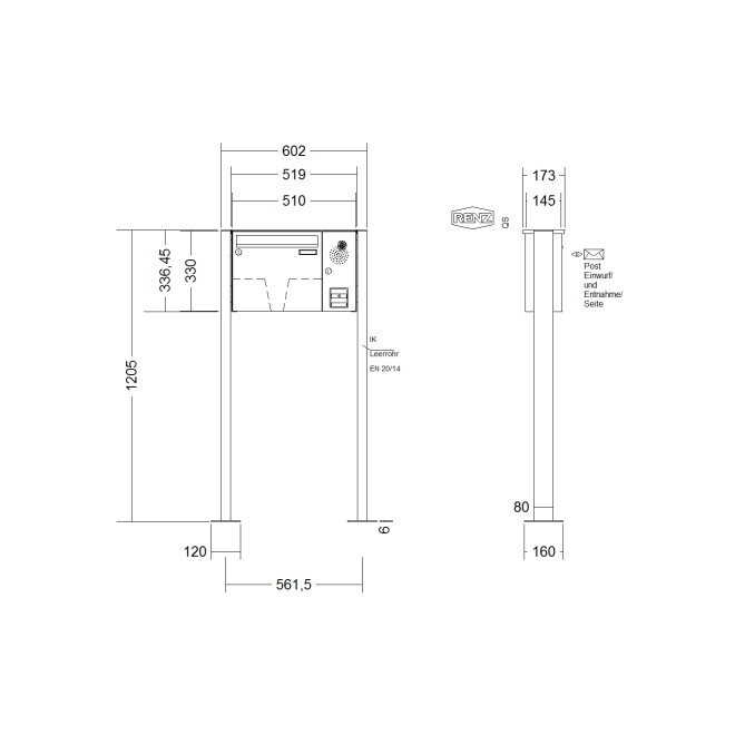Briefkastenanlage freistehend Renz Basic 1-6 fach, Sprech - Klingel: mit Sprech Klingel, Montageart: zum Aufschrauben, Kastengröße: 370 x 330 x 145mm ( 17 Liter ), Teilnehmer: 1 Teilnehmer, Anlagenfarbe: Edelstahl V4A