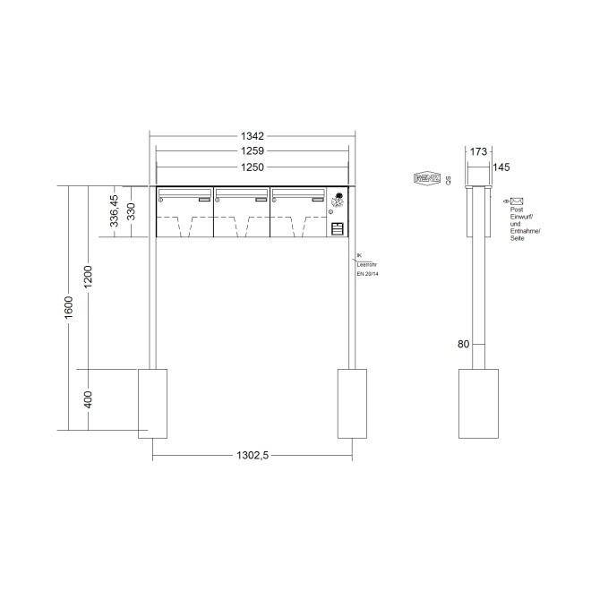 Briefkastenanlage freistehend Renz Basic 1-6 fach, Sprech - Klingel: mit Sprech Klingel, Montageart: zum Einbetonieren, Kastengröße: 370 x 330 x 145mm ( 17 Liter ), Teilnehmer: 3 Teilnehmer, Anlagenfarbe: Edelstahl V4A