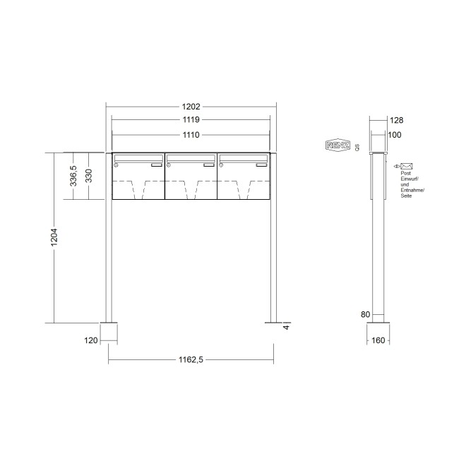 Briefkastenanlage freistehend Renz Basic 1-6 fach, Sprech - Klingel: ohne Sprech - Klingel, Montageart: zum Aufschrauben, Kastengröße: 370 x 330 x 100mm ( 12 Liter ), Teilnehmer: 3 Teilnehmer, Anlagenfarbe: Standard Farben