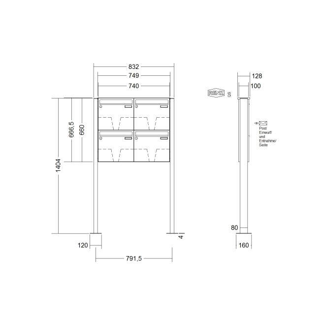 Briefkastenanlage freistehend Renz Basic 1-6 fach, Sprech - Klingel: ohne Sprech - Klingel, Montageart: zum Aufschrauben, Kastengröße: 370 x 330 x 100mm ( 12 Liter ), Teilnehmer: 4 Teilnehmer, Anlagenfarbe: Standard Farben