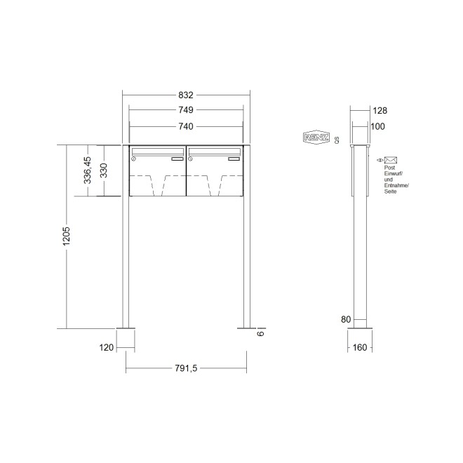 Briefkastenanlage freistehend Renz Basic 1-6 fach, Sprech - Klingel: ohne Sprech - Klingel, Montageart: zum Aufschrauben, Kastengröße: 370 x 330 x 100mm ( 12 Liter ), Teilnehmer: 2 Teilnehmer, Anlagenfarbe: Edelstahl V4A