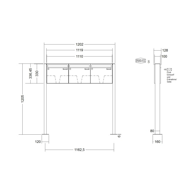 Briefkastenanlage freistehend Renz Basic 1-6 fach, Sprech - Klingel: ohne Sprech - Klingel, Montageart: zum Aufschrauben, Kastengröße: 370 x 330 x 100mm ( 12 Liter ), Teilnehmer: 3 Teilnehmer, Anlagenfarbe: Edelstahl V4A