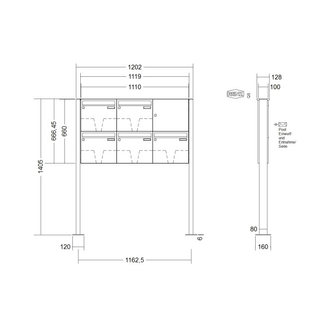 Briefkastenanlage freistehend Renz Basic 1-6 fach, Sprech - Klingel: ohne Sprech - Klingel, Montageart: zum Aufschrauben, Kastengröße: 370 x 330 x 100mm ( 12 Liter ), Teilnehmer: 5 Teilnehmer, Anlagenfarbe: Edelstahl V4A