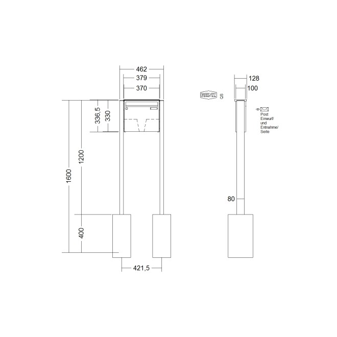 Briefkastenanlage freistehend Renz Basic 1-6 fach, Sprech - Klingel: ohne Sprech - Klingel, Montageart: zum Einbetonieren, Kastengröße: 370 x 330 x 100mm ( 12 Liter ), Teilnehmer: 1 Teilnehmer, Anlagenfarbe: Standard Farben