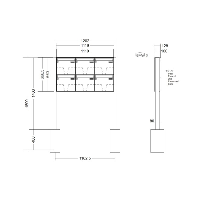 Briefkastenanlage freistehend Renz Basic 1-6 fach, Sprech - Klingel: ohne Sprech - Klingel, Montageart: zum Einbetonieren, Kastengröße: 370 x 330 x 100mm ( 12 Liter ), Teilnehmer: 6 Teilnehmer, Anlagenfarbe: Standard Farben