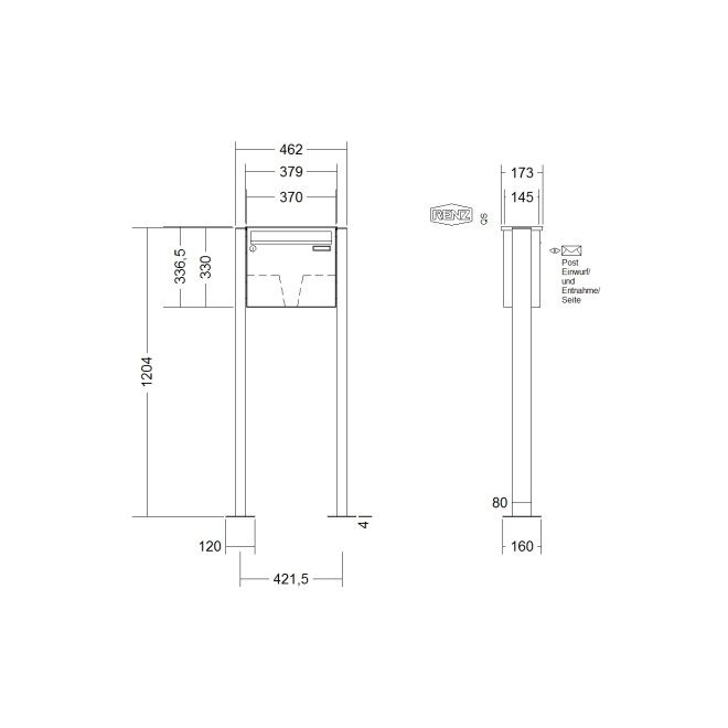Briefkastenanlage freistehend Renz Basic 1-6 fach, Sprech - Klingel: ohne Sprech - Klingel, Montageart: zum Aufschrauben, Kastengröße: 370 x 330 x 145mm ( 17 Liter ), Teilnehmer: 1 Teilnehmer, Anlagenfarbe: Standard Farben