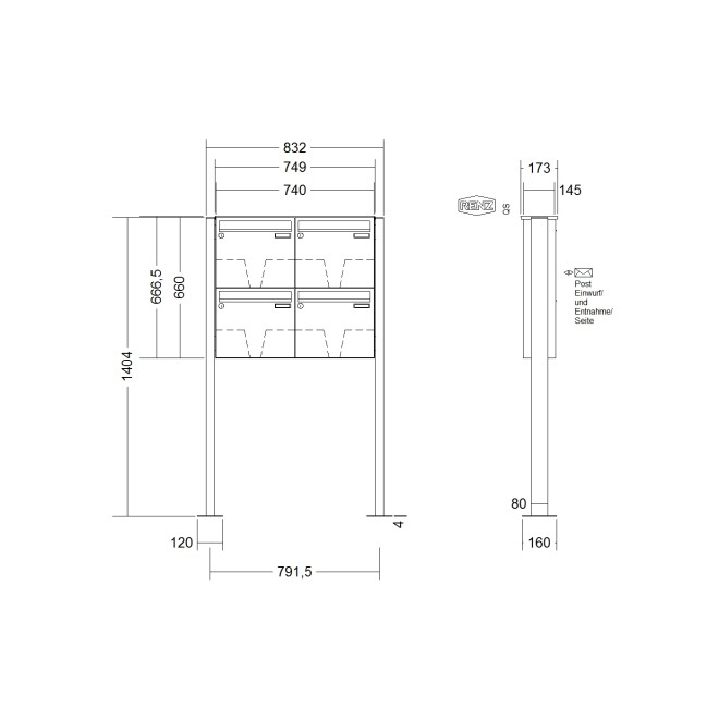 Briefkastenanlage freistehend Renz Basic 1-6 fach, Sprech - Klingel: ohne Sprech - Klingel, Montageart: zum Aufschrauben, Kastengröße: 370 x 330 x 145mm ( 17 Liter ), Teilnehmer: 4 Teilnehmer, Anlagenfarbe: Standard Farben