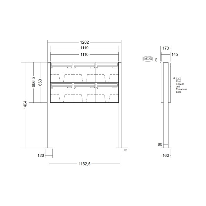 Briefkastenanlage freistehend Renz Basic 1-6 fach, Sprech - Klingel: ohne Sprech - Klingel, Montageart: zum Aufschrauben, Kastengröße: 370 x 330 x 145mm ( 17 Liter ), Teilnehmer: 6 Teilnehmer, Anlagenfarbe: Standard Farben