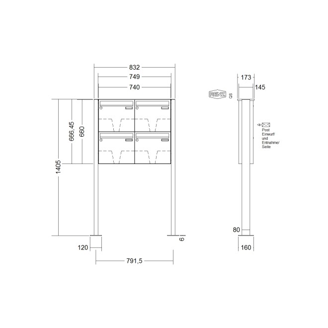 Briefkastenanlage freistehend Renz Basic 1-6 fach, Sprech - Klingel: ohne Sprech - Klingel, Montageart: zum Aufschrauben, Kastengröße: 370 x 330 x 145mm ( 17 Liter ), Teilnehmer: 4 Teilnehmer, Anlagenfarbe: Edelstahl V4A