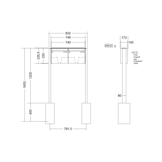 Briefkastenanlage freistehend Renz Basic 1-6 fach, Sprech - Klingel: ohne Sprech - Klingel, Montageart: zum Einbetonieren, Kastengröße: 370 x 330 x 145mm ( 17 Liter ), Teilnehmer: 2 Teilnehmer, Anlagenfarbe: Standard Farben