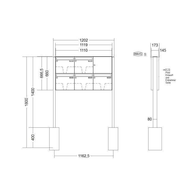 Briefkastenanlage freistehend Renz Basic 1-6 fach, Sprech - Klingel: ohne Sprech - Klingel, Montageart: zum Einbetonieren, Kastengröße: 370 x 330 x 145mm ( 17 Liter ), Teilnehmer: 5 Teilnehmer, Anlagenfarbe: Standard Farben