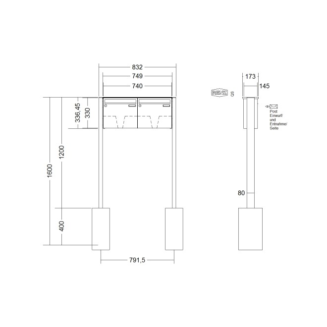 Briefkastenanlage freistehend Renz Basic 1-6 fach, Sprech - Klingel: ohne Sprech - Klingel, Montageart: zum Einbetonieren, Kastengröße: 370 x 330 x 145mm ( 17 Liter ), Teilnehmer: 2 Teilnehmer, Anlagenfarbe: Edelstahl V4A
