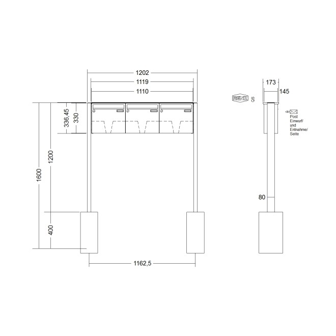 Briefkastenanlage freistehend Renz Basic 1-6 fach, Sprech - Klingel: ohne Sprech - Klingel, Montageart: zum Einbetonieren, Kastengröße: 370 x 330 x 145mm ( 17 Liter ), Teilnehmer: 3 Teilnehmer, Anlagenfarbe: Edelstahl V4A