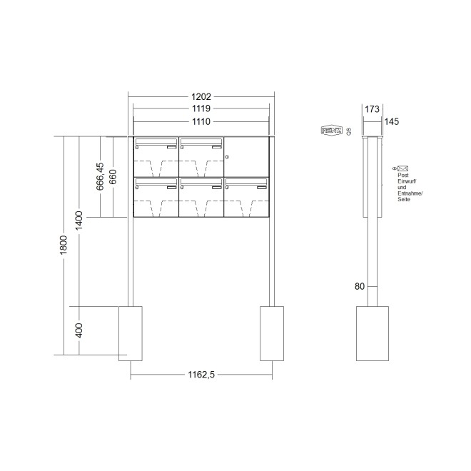 Briefkastenanlage freistehend Renz Basic 1-6 fach, Sprech - Klingel: ohne Sprech - Klingel, Montageart: zum Einbetonieren, Kastengröße: 370 x 330 x 145mm ( 17 Liter ), Teilnehmer: 5 Teilnehmer, Anlagenfarbe: Edelstahl V4A