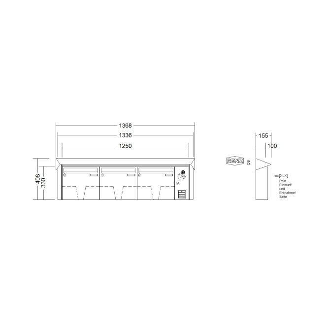 Briefkastenanlage Aufputz Renz Prisma 1-6 fach, Sprech - Klingel: mit Sprech Klingel, Kastengröße: 370 x 330 x 100mm ( 12 Liter ), Teilnehmer: 3 Teilnehmer, Anlagenfarbe: Standard Farben