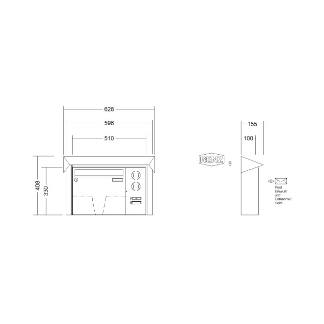 Briefkastenanlage Aufputz Renz Prisma 1-6 fach, Sprech - Klingel: mit Sprech Klingel, Kastengröße: 370 x 330 x 100mm ( 12 Liter ), Teilnehmer: 1 Teilnehmer, Anlagenfarbe: Edelstahl V4A
