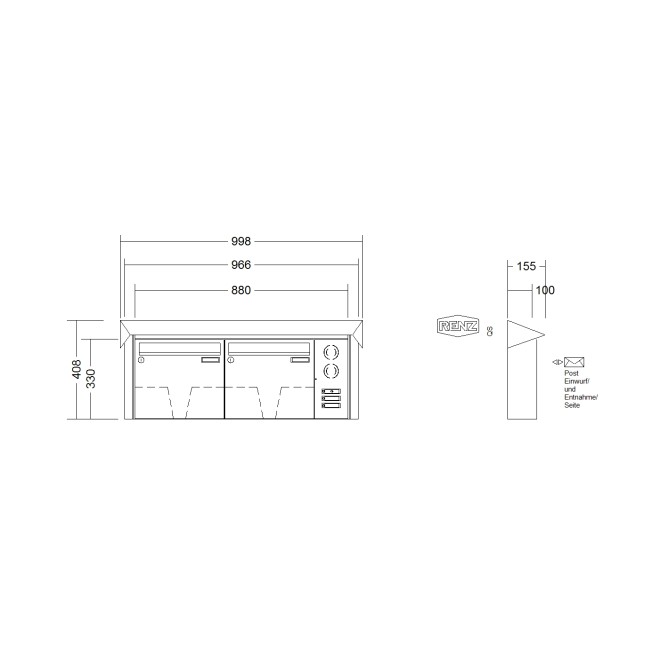 Briefkastenanlage Aufputz Renz Prisma 1-6 fach, Sprech - Klingel: mit Sprech Klingel, Kastengröße: 370 x 330 x 100mm ( 12 Liter ), Teilnehmer: 2 Teilnehmer, Anlagenfarbe: Edelstahl V4A
