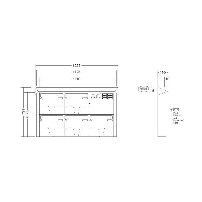 Briefkastenanlage Aufputz Renz Prisma 1-6 fach, Sprech - Klingel: mit Sprech Klingel, Kastengröße: 370 x 330 x 100mm ( 12 Liter ), Teilnehmer: 5 Teilnehmer, Anlagenfarbe: Edelstahl V4A