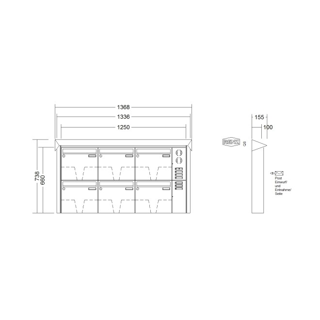 Briefkastenanlage Aufputz Renz Prisma 1-6 fach, Sprech - Klingel: mit Sprech Klingel, Kastengröße: 370 x 330 x 100mm ( 12 Liter ), Teilnehmer: 6 Teilnehmer, Anlagenfarbe: Edelstahl V4A