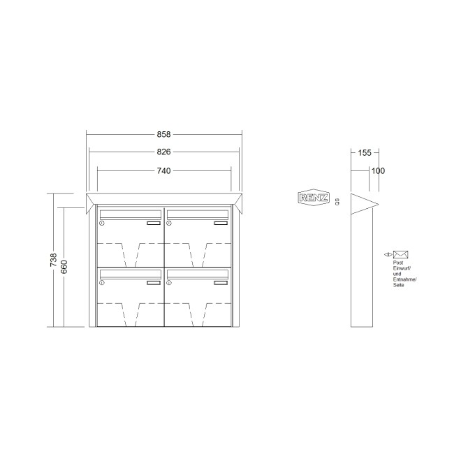 Briefkastenanlage Aufputz Renz Prisma 1-6 fach, Sprech - Klingel: ohne Sprech - Klingel, Kastengröße: 370 x 330 x 100mm ( 12 Liter ), Teilnehmer: 4 Teilnehmer, Anlagenfarbe: Edelstahl V4A