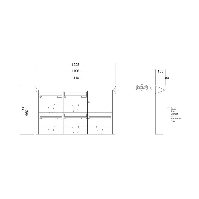 Briefkastenanlage Aufputz Renz Prisma 1-6 fach, Sprech - Klingel: ohne Sprech - Klingel, Kastengröße: 370 x 330 x 100mm ( 12 Liter ), Teilnehmer: 5 Teilnehmer, Anlagenfarbe: Edelstahl V4A