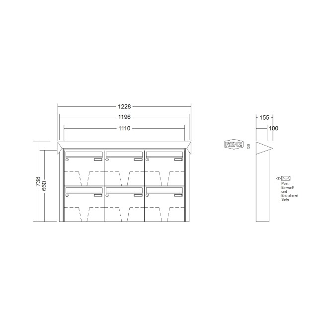 Briefkastenanlage Aufputz Renz Prisma 1-6 fach, Sprech - Klingel: ohne Sprech - Klingel, Kastengröße: 370 x 330 x 100mm ( 12 Liter ), Teilnehmer: 6 Teilnehmer, Anlagenfarbe: Edelstahl V4A