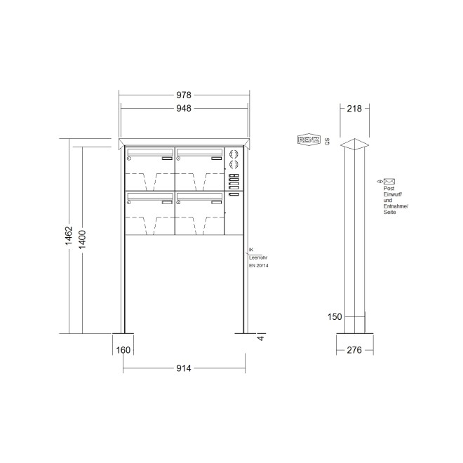 Briefkastenanlage freistehend Renz Prisma 1-6 fach, Sprech - Klingel: mit Sprech Klingel, Montageart: zum Aufschrauben, Kastengröße: 370 x 330 x 100mm ( 12 Liter ), Teilnehmer: 4 Teilnehmer, Anlagenfarbe: Edelstahl V4A