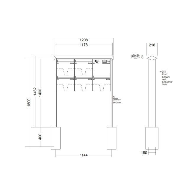 Briefkastenanlage freistehend Renz Prisma 1-6 fach, Sprech - Klingel: mit Sprech Klingel, Montageart: zum Einbetonieren, Kastengröße: 370 x 330 x 100mm ( 12 Liter ), Teilnehmer: 5 Teilnehmer, Anlagenfarbe: Standard Farben