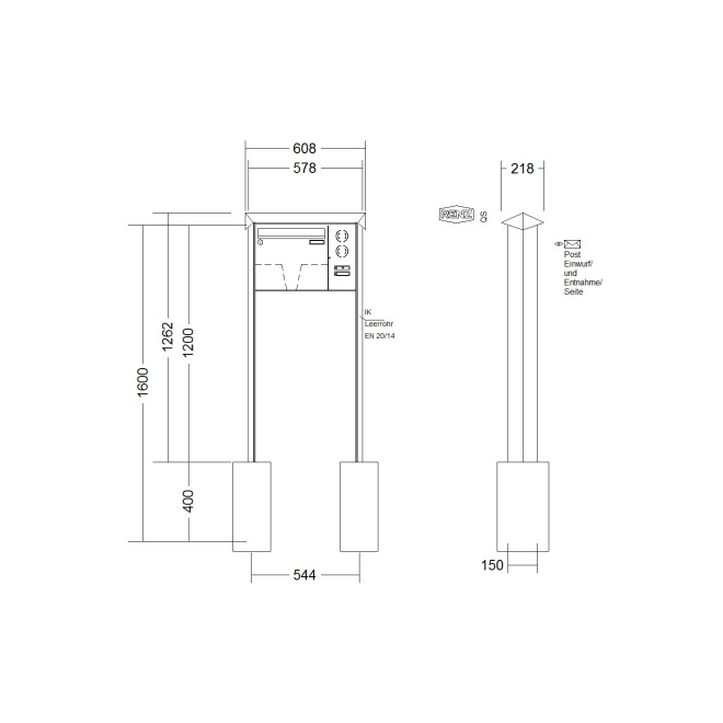 Briefkastenanlage freistehend Renz Prisma 1-6 fach, Sprech - Klingel: mit Sprech Klingel, Montageart: zum Einbetonieren, Kastengröße: 370 x 330 x 100mm ( 12 Liter ), Teilnehmer: 1 Teilnehmer, Anlagenfarbe: Edelstahl V4A