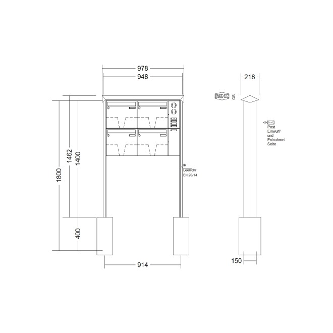 Briefkastenanlage freistehend Renz Prisma 1-6 fach, Sprech - Klingel: mit Sprech Klingel, Montageart: zum Einbetonieren, Kastengröße: 370 x 330 x 100mm ( 12 Liter ), Teilnehmer: 4 Teilnehmer, Anlagenfarbe: Edelstahl V4A