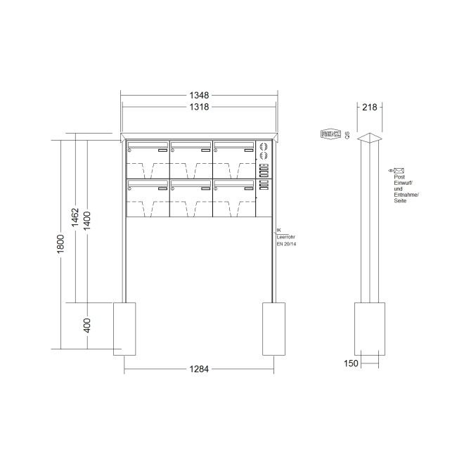 Briefkastenanlage freistehend Renz Prisma 1-6 fach, Sprech - Klingel: mit Sprech Klingel, Montageart: zum Einbetonieren, Kastengröße: 370 x 330 x 100mm ( 12 Liter ), Teilnehmer: 6 Teilnehmer, Anlagenfarbe: Edelstahl V4A