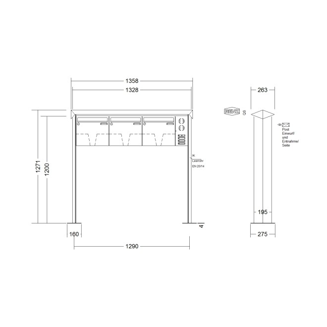 Briefkastenanlage freistehend Renz Prisma 1-6 fach, Sprech - Klingel: mit Sprech Klingel, Montageart: zum Aufschrauben, Kastengröße: 370 x 330 x 145mm ( 17 Liter ), Teilnehmer: 3 Teilnehmer, Anlagenfarbe: Edelstahl V4A