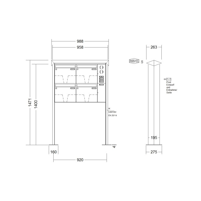 Briefkastenanlage freistehend Renz Prisma 1-6 fach, Sprech - Klingel: mit Sprech Klingel, Montageart: zum Aufschrauben, Kastengröße: 370 x 330 x 145mm ( 17 Liter ), Teilnehmer: 4 Teilnehmer, Anlagenfarbe: Edelstahl V4A