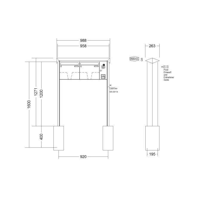 Briefkastenanlage freistehend Renz Prisma 1-6 fach, Sprech - Klingel: mit Sprech Klingel, Montageart: zum Einbetonieren, Kastengröße: 370 x 330 x 145mm ( 17 Liter ), Teilnehmer: 2 Teilnehmer, Anlagenfarbe: Standard Farben