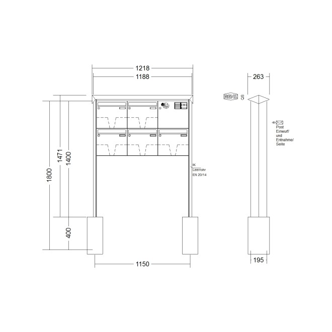 Briefkastenanlage freistehend Renz Prisma 1-6 fach, Sprech - Klingel: mit Sprech Klingel, Montageart: zum Einbetonieren, Kastengröße: 370 x 330 x 145mm ( 17 Liter ), Teilnehmer: 5 Teilnehmer, Anlagenfarbe: Standard Farben