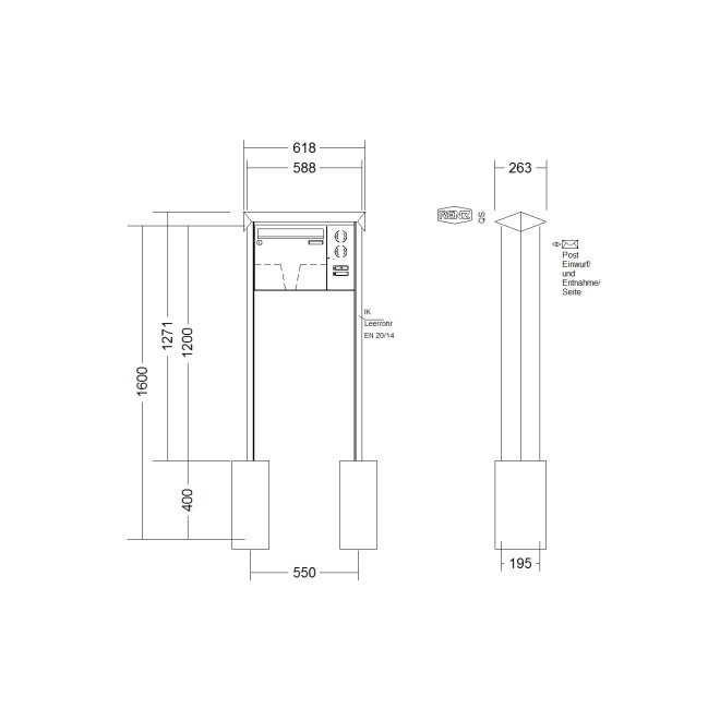Briefkastenanlage freistehend Renz Prisma 1-6 fach, Sprech - Klingel: mit Sprech Klingel, Montageart: zum Einbetonieren, Kastengröße: 370 x 330 x 145mm ( 17 Liter ), Teilnehmer: 1 Teilnehmer, Anlagenfarbe: Edelstahl V4A