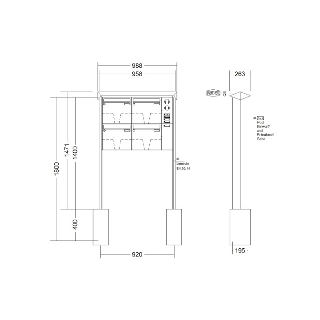 Briefkastenanlage freistehend Renz Prisma 1-6 fach, Sprech - Klingel: mit Sprech Klingel, Montageart: zum Einbetonieren, Kastengröße: 370 x 330 x 145mm ( 17 Liter ), Teilnehmer: 4 Teilnehmer, Anlagenfarbe: Edelstahl V4A