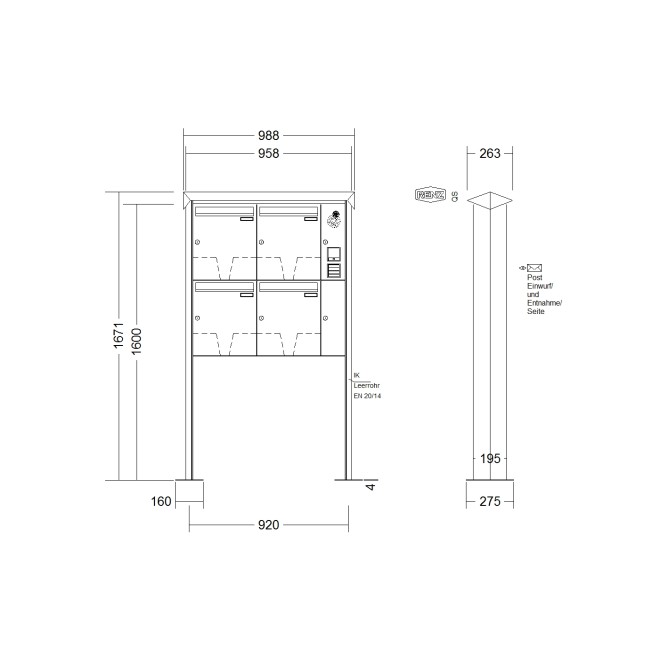 Briefkastenanlage freistehend Renz Prisma 1-6 fach, Sprech - Klingel: mit Sprech Klingel, Montageart: zum Aufschrauben, Kastengröße: 370 x 440 x 145mm ( 23 Liter ), Teilnehmer: 4 Teilnehmer, Anlagenfarbe: Standard Farben