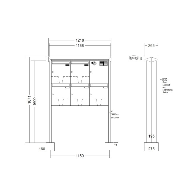 Briefkastenanlage freistehend Renz Prisma 1-6 fach, Sprech - Klingel: mit Sprech Klingel, Montageart: zum Aufschrauben, Kastengröße: 370 x 440 x 145mm ( 23 Liter ), Teilnehmer: 5 Teilnehmer, Anlagenfarbe: Standard Farben