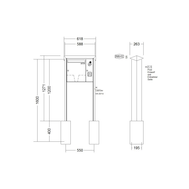 Briefkastenanlage freistehend Renz Prisma 1-6 fach, Sprech - Klingel: mit Sprech Klingel, Montageart: zum Einbetonieren, Kastengröße: 370 x 440 x 145mm ( 23 Liter ), Teilnehmer: 1 Teilnehmer, Anlagenfarbe: Standard Farben
