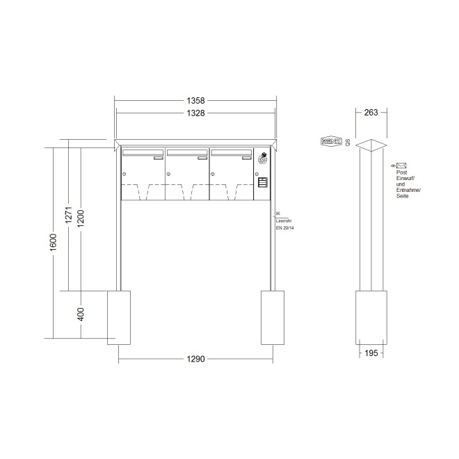 Briefkastenanlage freistehend Renz Prisma 1-6 fach, Sprech - Klingel: mit Sprech Klingel, Montageart: zum Einbetonieren, Kastengröße: 370 x 440 x 145mm ( 23 Liter ), Teilnehmer: 3 Teilnehmer, Anlagenfarbe: Standard Farben