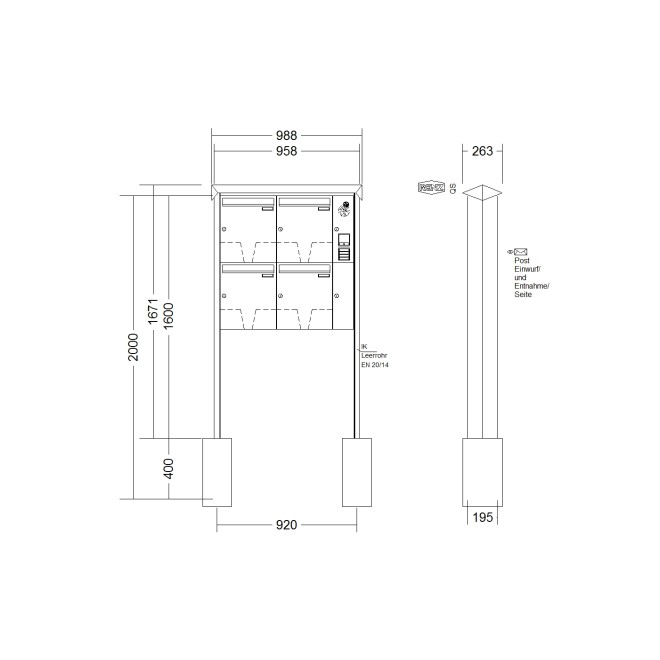 Briefkastenanlage freistehend Renz Prisma 1-6 fach, Sprech - Klingel: mit Sprech Klingel, Montageart: zum Einbetonieren, Kastengröße: 370 x 440 x 145mm ( 23 Liter ), Teilnehmer: 4 Teilnehmer, Anlagenfarbe: Standard Farben