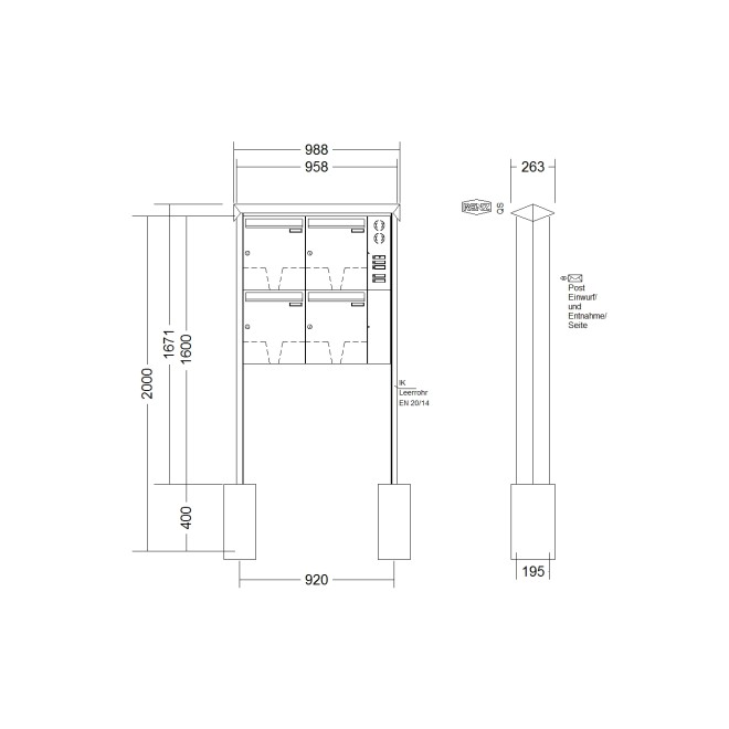 Briefkastenanlage freistehend Renz Prisma 1-6 fach, Sprech - Klingel: mit Sprech Klingel, Montageart: zum Einbetonieren, Kastengröße: 370 x 440 x 145mm ( 23 Liter ), Teilnehmer: 4 Teilnehmer, Anlagenfarbe: Edelstahl V4A