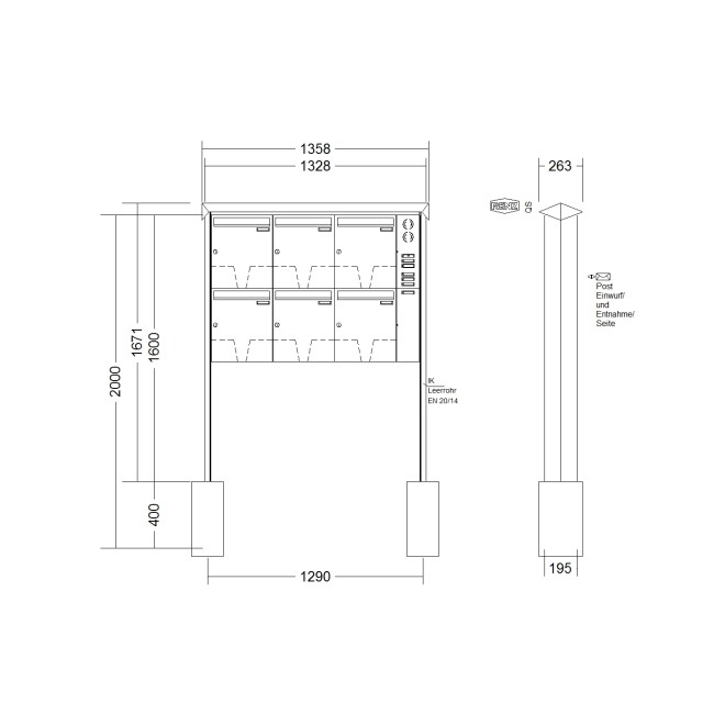 Briefkastenanlage freistehend Renz Prisma 1-6 fach, Sprech - Klingel: mit Sprech Klingel, Montageart: zum Einbetonieren, Kastengröße: 370 x 440 x 145mm ( 23 Liter ), Teilnehmer: 6 Teilnehmer, Anlagenfarbe: Edelstahl V4A