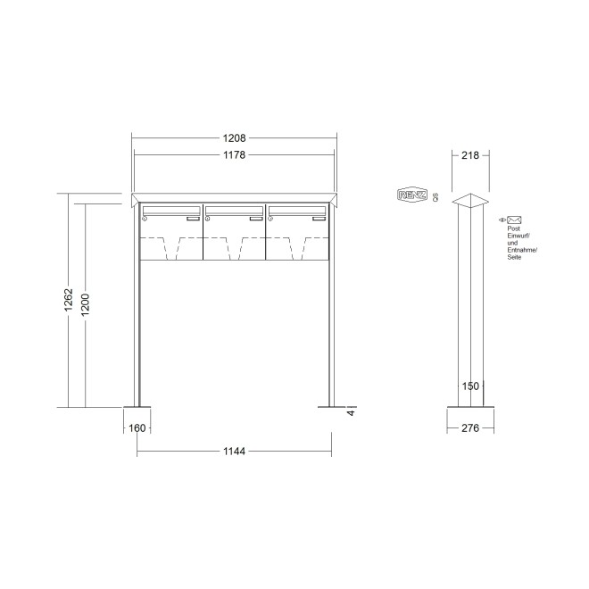 Briefkastenanlage freistehend Renz Prisma 1-6 fach, Sprech - Klingel: ohne Sprech - Klingel, Montageart: zum Aufschrauben, Kastengröße: 370 x 330 x 100mm ( 12 Liter ), Teilnehmer: 3 Teilnehmer, Anlagenfarbe: Standard Farben
