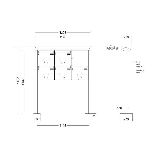 Briefkastenanlage freistehend Renz Prisma 1-6 fach, Sprech - Klingel: ohne Sprech - Klingel, Montageart: zum Aufschrauben, Kastengröße: 370 x 330 x 100mm ( 12 Liter ), Teilnehmer: 5 Teilnehmer, Anlagenfarbe: Standard Farben
